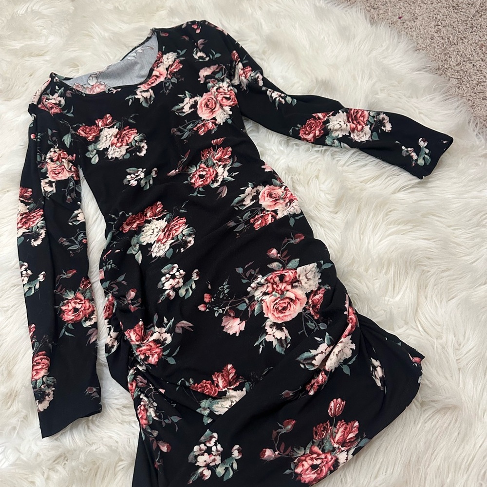 Stella Tweed Black Floral Long Sleeve Dress with ruched sides